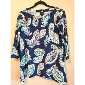 JM Collection Womens Plus Size P/S Black Paisley-Print 3/4 Sleeve Swing Top